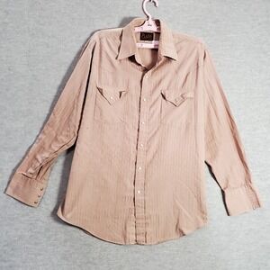 Plains Men Button Up Collar Large Brown Stripe Pearl Snap Western Wear READ